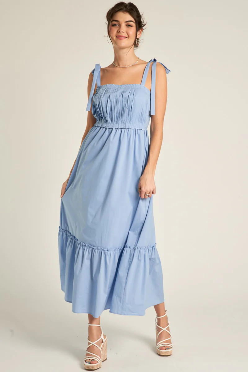 Light Blue Pleated Shoulder Tie Midi Dress | PinkBlush Maternity