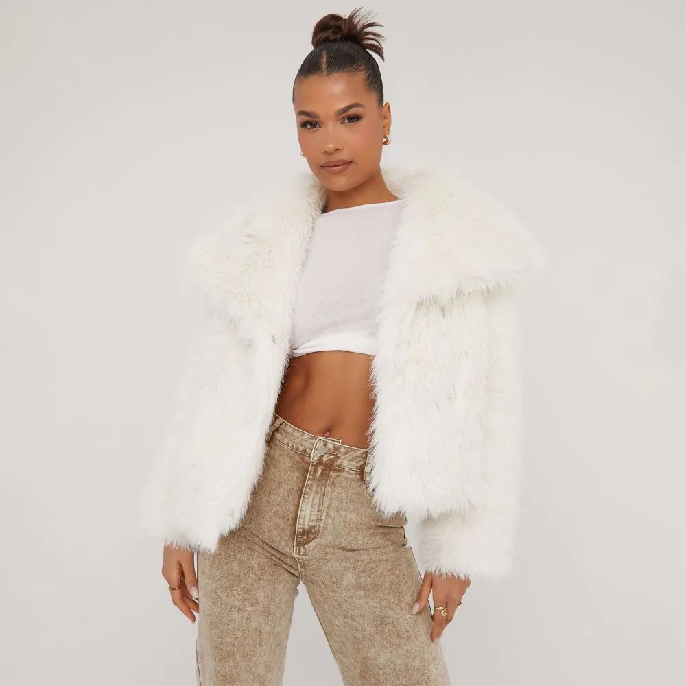 Oversized Collar Detail Cropped Jacket In Ivory Faux Fur | EGO Shoes (US & Canada)