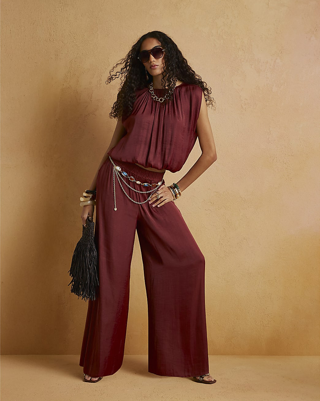 Brown Satin Elasticated Flowing Trousers | River Island UK & IE