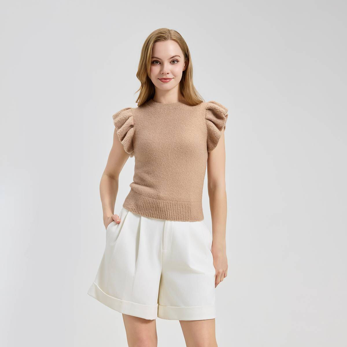 Women's Ruffle Cap Sleeve Crewneck Sweater - A New Day™ Tan XS | Target