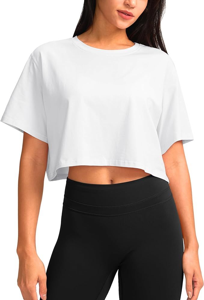 SANTINY Women's Cotton Workout Crop Tops Short Sleeve Loose Fit Athletic Gym Yoga Shirts Cropped ... | Amazon (US)