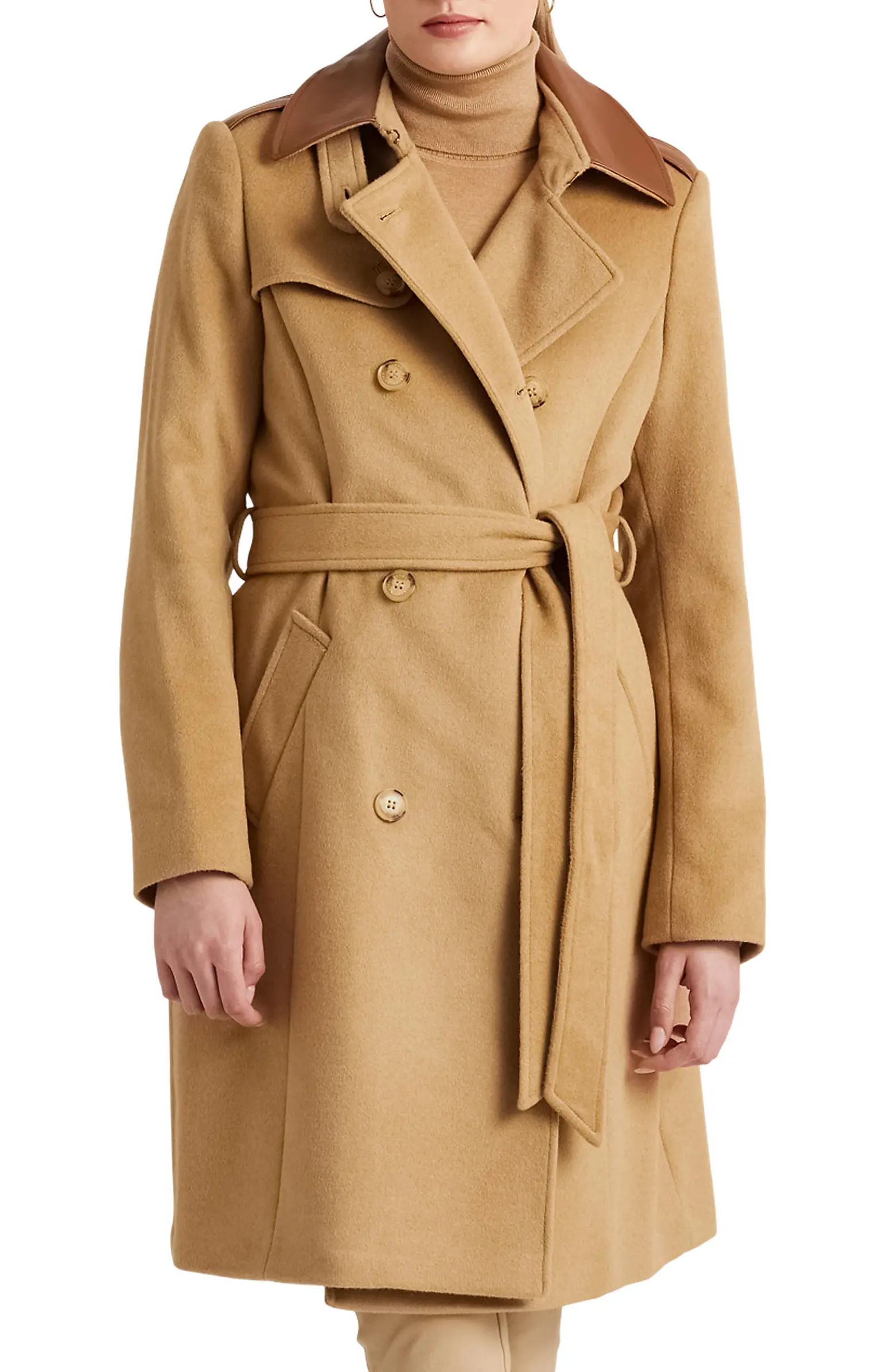 Tie Waist Faux Leather Trim Wool Blend Coat | Nordstrom