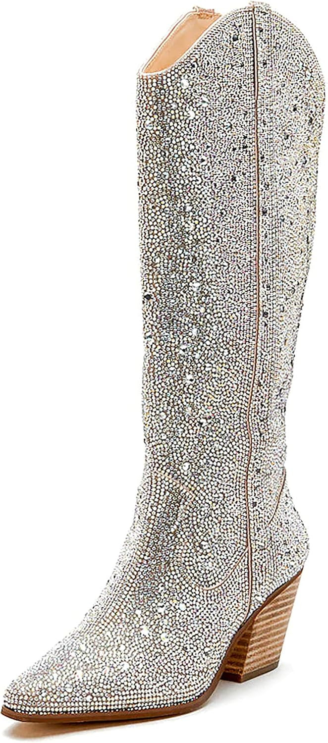 MUCCCUTE Women's Rhinestone Cowboy Boots Cowgirl Western Boots Sparkly Pointed Toe Side Zipper Kn... | Amazon (US)