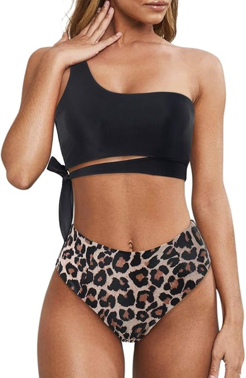 MOOSLOVER Women One Shoulder High Waisted Bikini Tie High Cut Two Piece Swimsuits | Amazon (US)