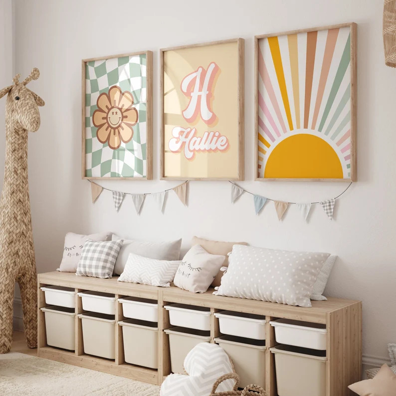 Girls Room Wall Art, Custom Groovy Name, Girl Nursery Decor, Toddler Girl Prints, Checkerboard Ar... | Etsy (US)
