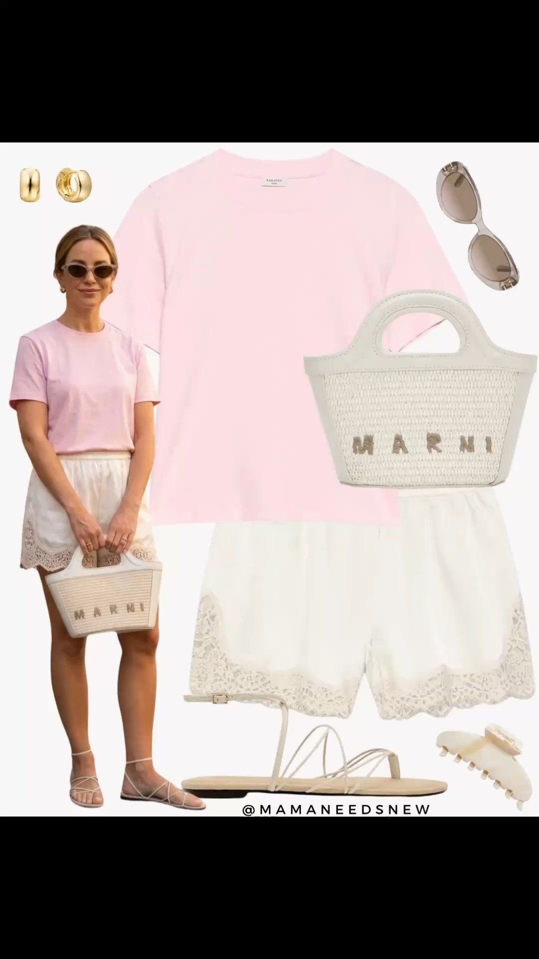 A late spring to summer outfit with a tshirt, lace trim satin shorts, micro tote bag, strappy sandals 🌸🤍