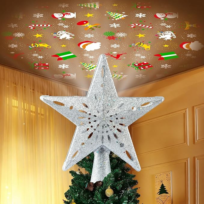 Christmas Tree Topper Lighted with 6 Patterns Projector, Christmas Star Tree Topper Built-in 3D G... | Amazon (US)