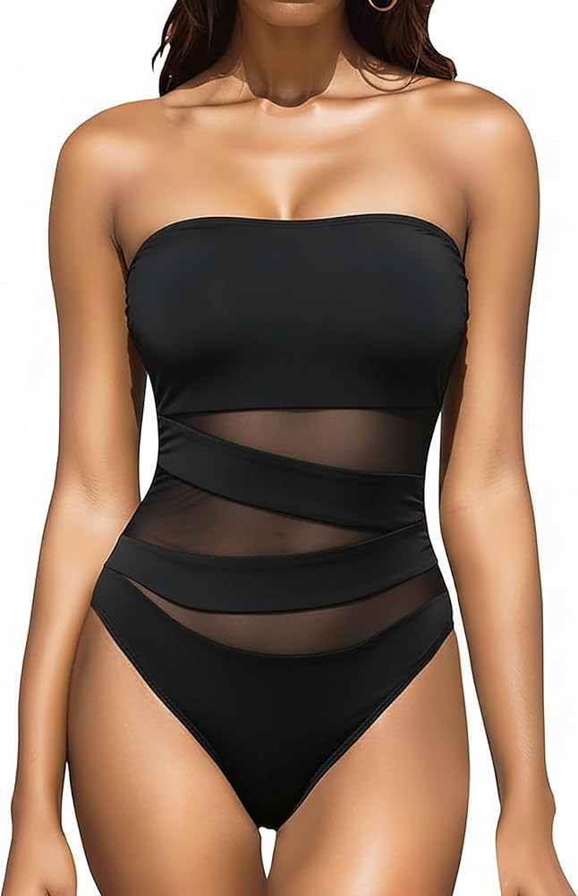 Holipick Women Strapless Bandeau One Piece Swimsuits Sexy Mesh Cutout Bathing Suits Tummy Control Swimwear | Amazon (US)