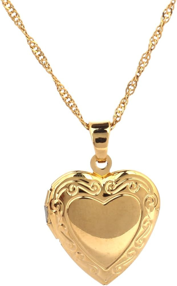 Valentines Heart Locket Pendant Necklace 24K Gold Color Romantic Fancy Heart Jewelry For Women | Amazon (US)