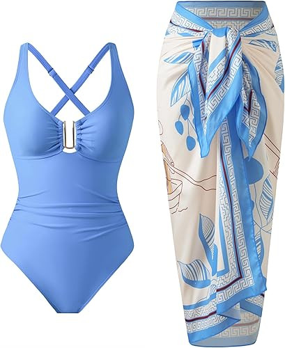One Piece Swimsuit Women with Cover Up Set Retro Bathing Suit for Women Tummy Control Beach Wrap ... | Amazon (US)
