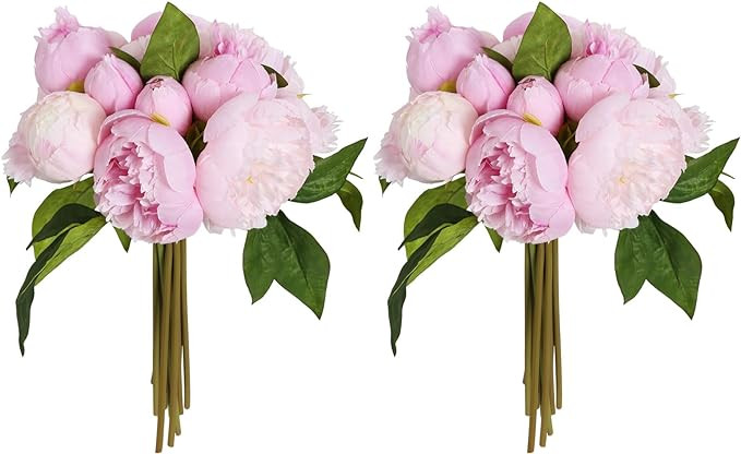 Pink Peonies Silk Flowers 2 Bouquets Pink Fake Peonies 14 Heads Faux Peony Flowers with Stems for... | Amazon (US)