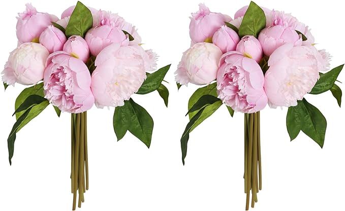 ICBOX Pink Peonies Silk Flowers 2 Bouquets Pink Fake Peonies 14 Heads Faux Peony Flowers with Ste... | Amazon (US)