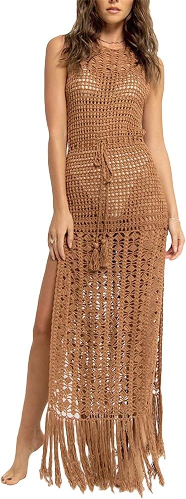 Women See Through Sleeveless Swimwear Sexy Crochet Dress Fringe Hem Cover Up Summer Long Maxi Bea... | Amazon (US)