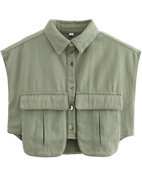 Perbai Womens Cropped Button Down Shirt Summer Collared Sleeveless Loose Denim Top with Pockets | Amazon (US)