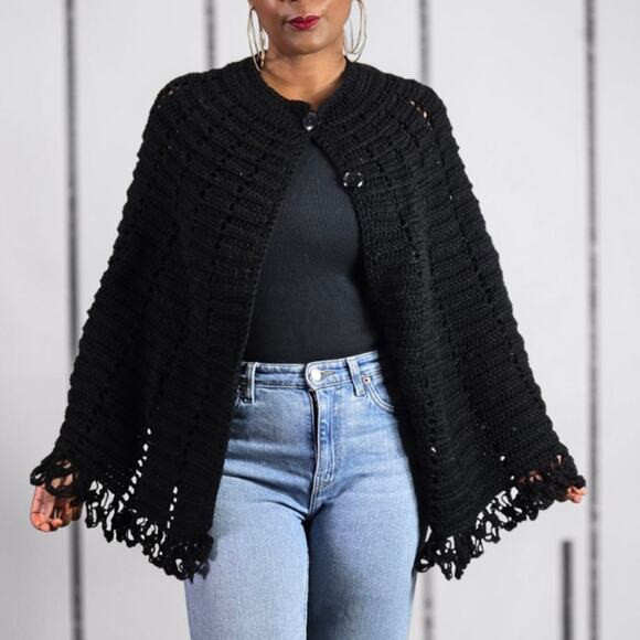 Vintage Crochet Cape Black Sweater Fringe Granny Homemade Knitted Shawl One Size | Poshmark