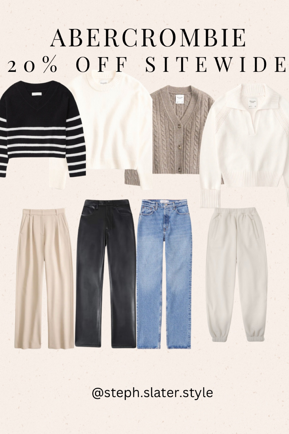 Abercrombie sale! So many great basics for fall. I have all of the bottoms and am obsessed. The trousers and 90s denim are my favorite. Size 27 for me. Size small in the joggers. Super comfy. Sweaters all come more knee colors. 

#LTKfindsunder100 #LTKsalealert #LTKSale