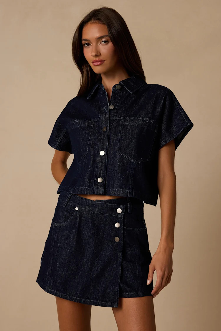 Lele Dark Wash Wrap Denim Skort | Lulus