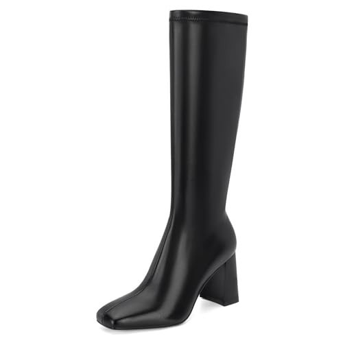 DOEYG Black Knee High Boots for Women Leather Tall Black Boots Block Chunky Heeled Tall Boots Square Toe Long Boots Go-Go Boot Side Zipper | Amazon (US)