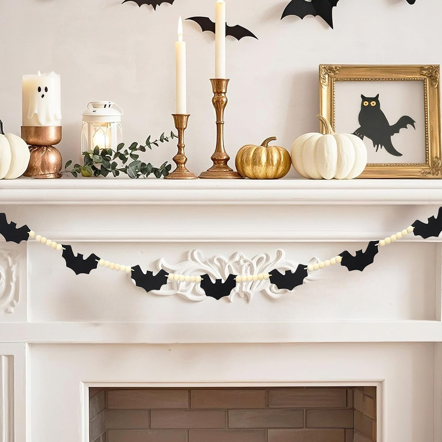 Halloween Decorations Indoor-Black Felt Bats Wood Beads Garland for Halloween Decors- Farmhouse Felt Banner for Fireplace Mantel Walls | Amazon (US)