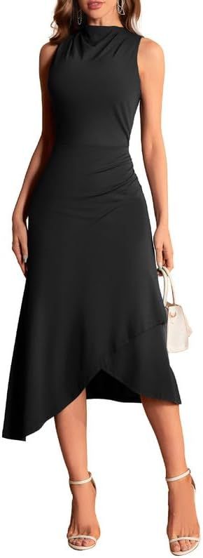 JASAMBAC Womens Sleeveless Midi Dresses Elegant Cowl Neck Ruched Cocktail Party Wedding Bodycon P... | Amazon (US)