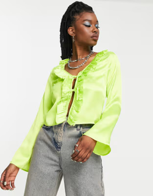 COLLUSION long sleeve tie front ruffle top in acid green | ASOS (Global)