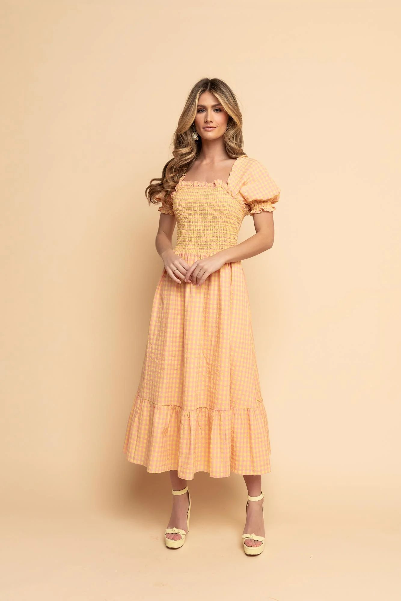 Gingham Puff Sleeve Midi Dress - Canary Yellow | Rachel Parcell