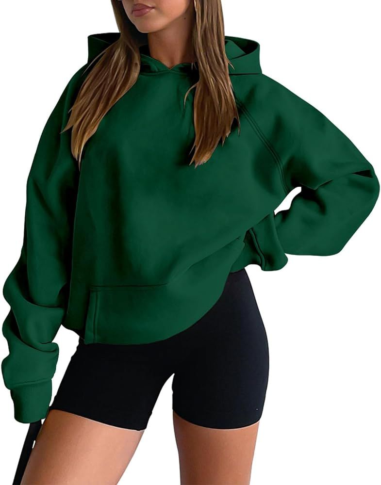 onlypuff Women Long Sleeve Sweatshirt Kangaroo Pocket Solid Basic Top | Amazon (US)