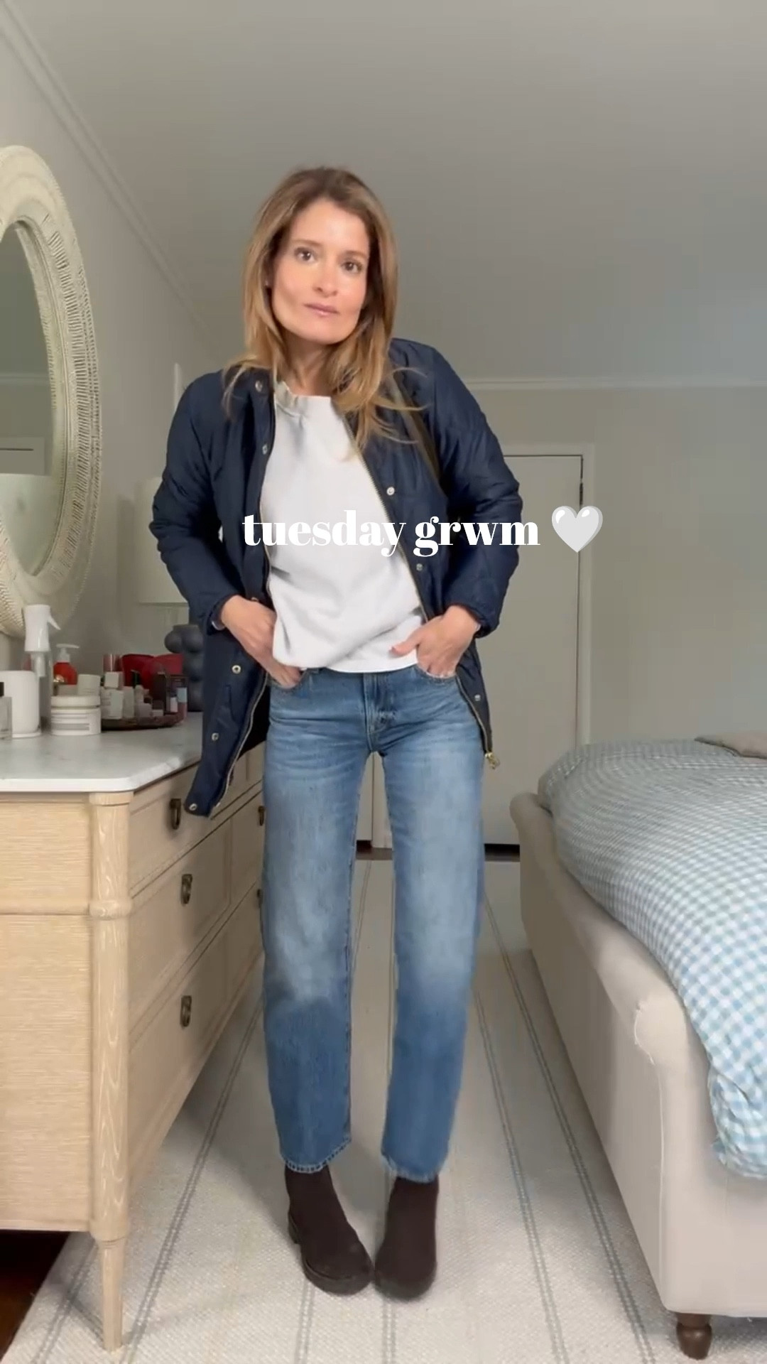 Tuesday OOTD is such an easy one to pull together and when styled together it takes a few solid pieces and really creates something chic. Aerie Crewneck sweatshirt is super soft and warm ringing in at less than $50! • Buck Mason white tee is the one I’m turning to over and over these days. One of my favorite finds over the last few months• Quince Featherless Puffer is such a steal at $100! Love this Admiral Blue color. Sophisticated and stylish but a bit less serious than the black. • Pistola Lexi jeans are giving much higher end vibes. Truly one of my favorite pairs of premium denim at a great price. Use code MEG15 for nice savings  • Margaux Chelsea Boots in chocolate! Such a beautiful brown, dark but still warm. 

Sizing notes: Sweater: wearing a small, jeans: run tts, but I prefer a tighter fit, so I sized down 1 Sweater: wearing a small, jeans: run tts, but I prefer a tighter fit, so I sized down 1 to a 24. Use code MEG15 for a little $$ off! My wash is transcend, but if I were buying new today, I'd go with METROPOLIS - those look like the closest wash match. Tee: wearing a small, quilted jacket: sized down 1 to an XS 



#LTKgrwm #LTKFindsUnder100 #LTKFindsUnder50