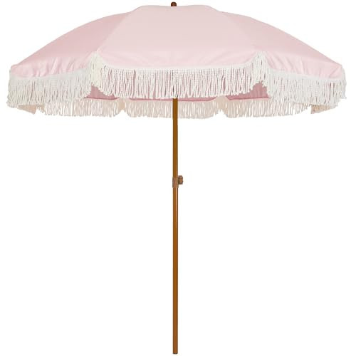AMMSUN 7ft Patio Umbrella with Fringe Outdoor Tassel Umbrella UPF50+ Premium Steel Pole and Ribs Push Button Tilt, Elegant Pink | Amazon (US)