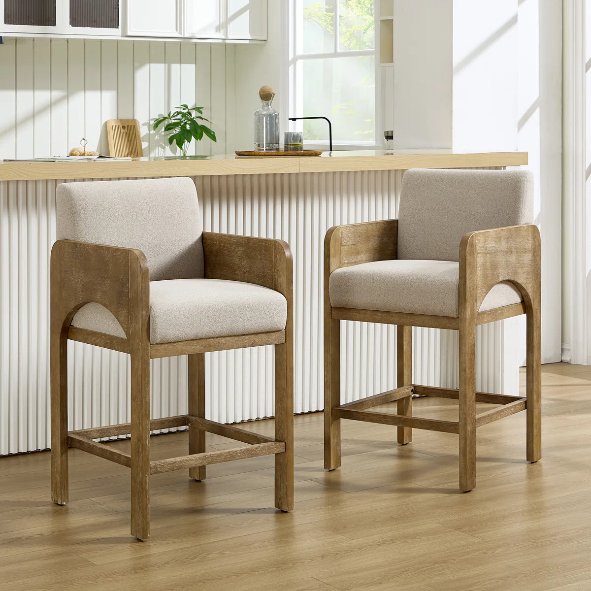 Upholstered Seat Counter Stool With Solid Wood Frame, Arch-Shaped Arm Bar Height Counter Stool Fo... | Wayfair North America