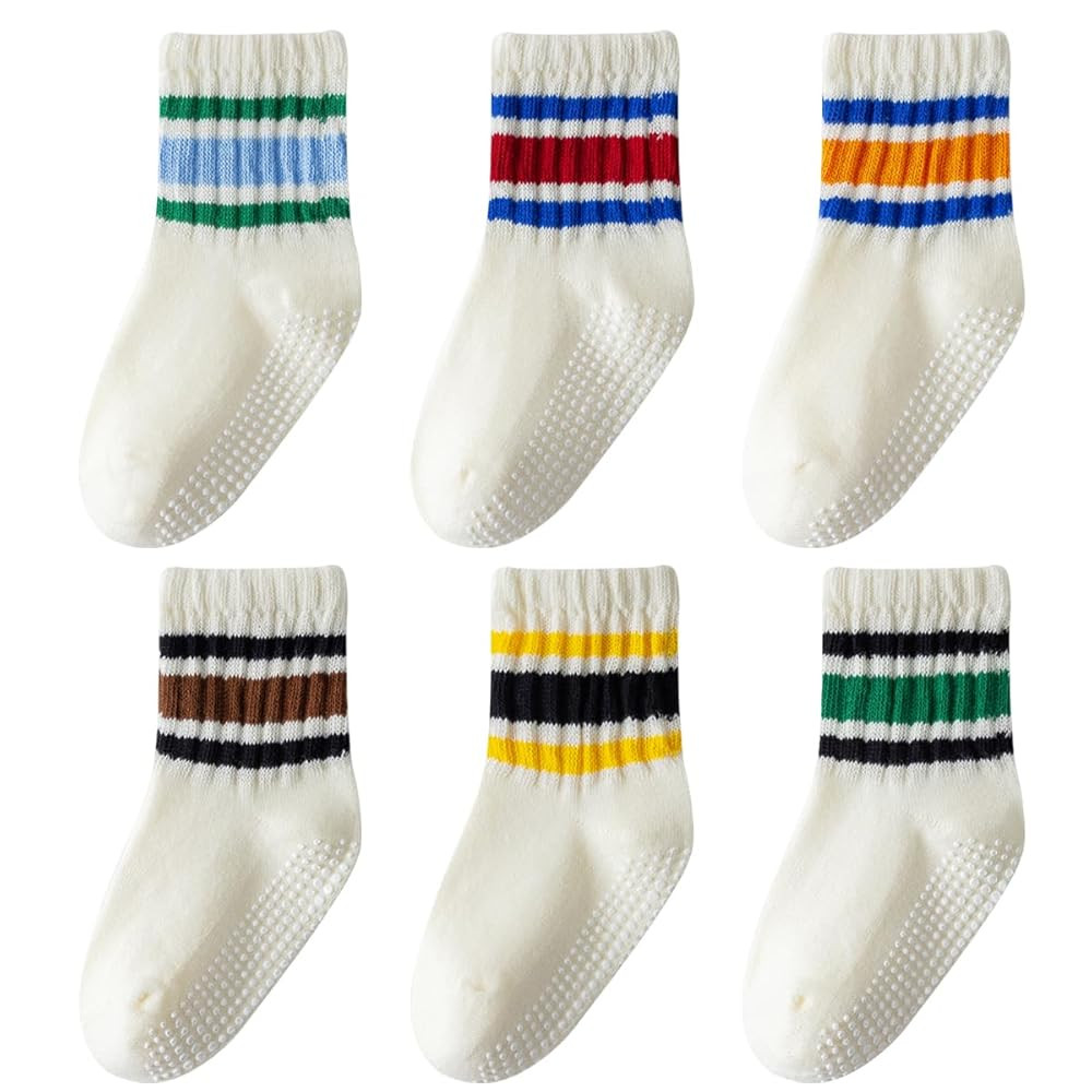 Toddler Grip Socks with Non-Slip, Unisex Baby Retro Stripe Seamless Crew Ankle Cotton Socks for G... | Amazon (US)