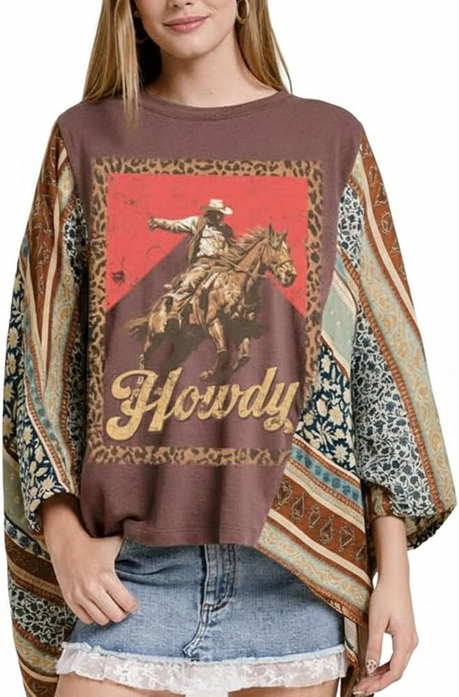 Women\u2019s Western Graphic Top \u2013 Flowy Poncho Fit, Oversized Boho Tee with Contrast Sleeve... | Amazon (US)
