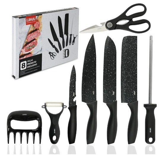 Conjunto de Facas 8 acessórios para Churrasco Cozinha de Aço Inox LUMAI Kit Completo do Chef com Facas Amolador Garra de Carne

#LTKbrasil