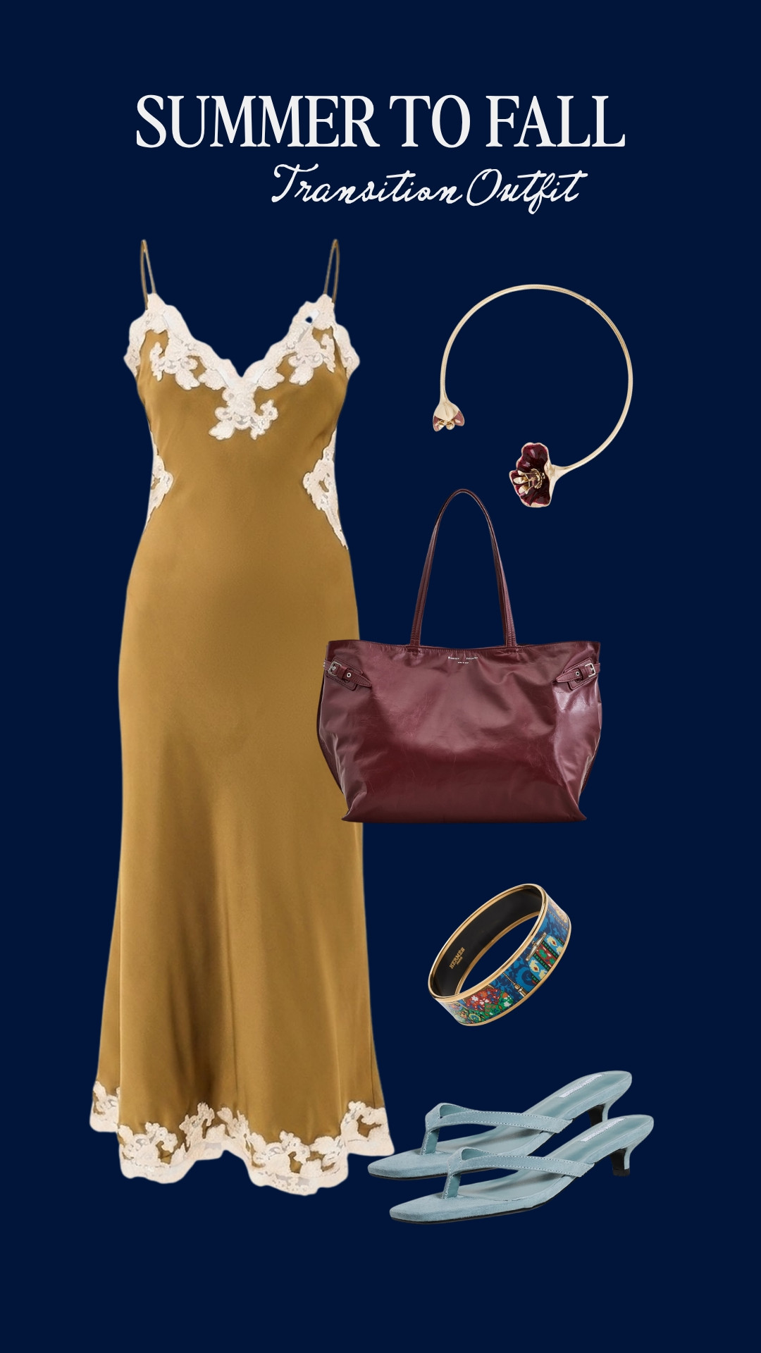 Satin Slip Dress Outfit for Fall | Gold Slip Dress + Burgundy Bag 🍂

Slip dress styling built for the summer to fall stretch | a gold satin slip dress with lace trim, a burgundy leather tote, an enamel bangle, and suede kitten heel mules. Add a jacket and it turns into one of those transitional fall outfits you reach for all through fall 2026.

#LTKdayinmylife #LTKSeasonal #LTKTravel