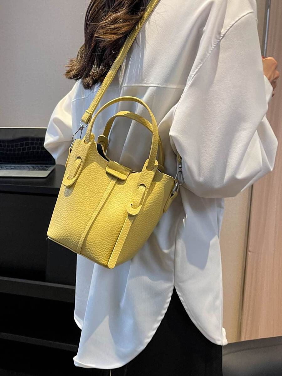Litchi Embossed Bucket Bag Yellow Fashionable For Daily | SHEIN