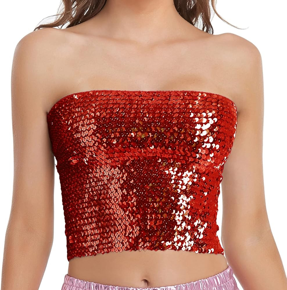 Womens Sparkly Sequin Mermaid Crop Tops, Strapless Metallic Tube Tops for Party Clubwear | Amazon (US)