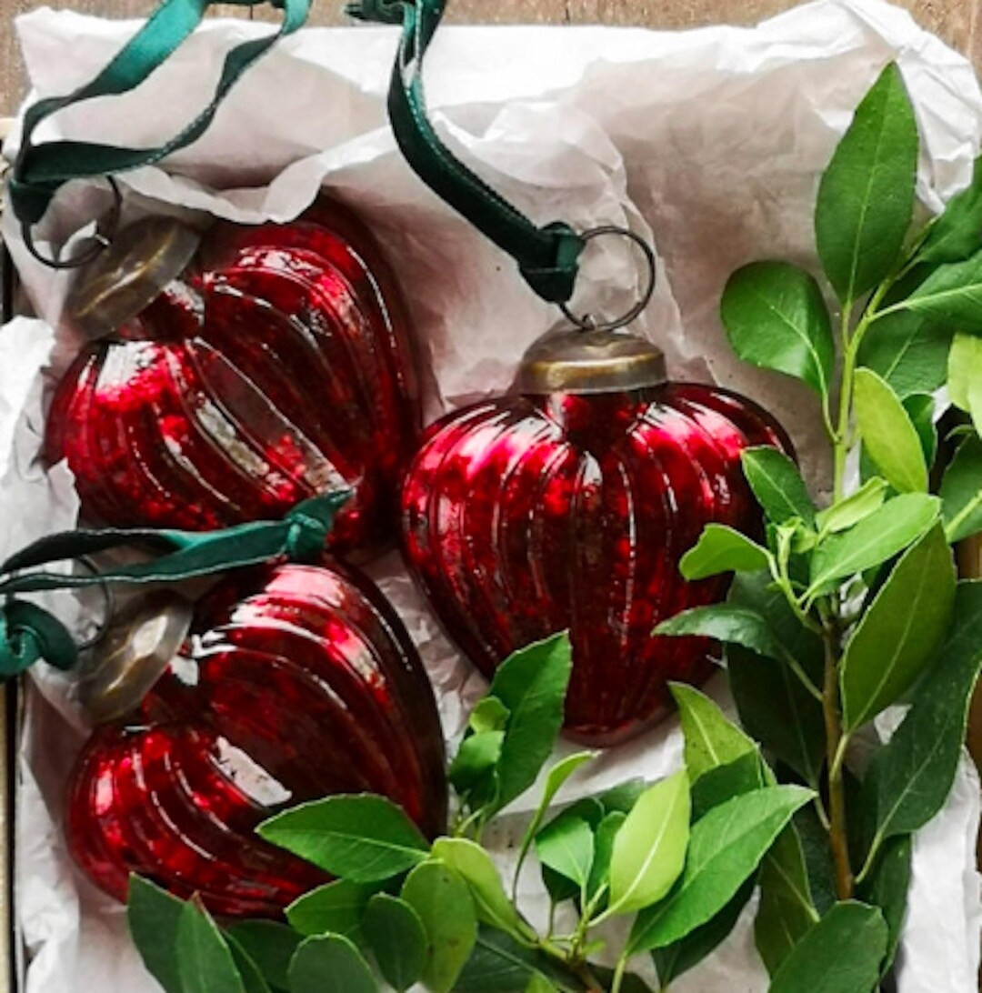 Vintage Antique Ruby Ribbed Glass Heart Bauble Hanging Decoration With Velvet Ribbon - Etsy | Etsy (US)