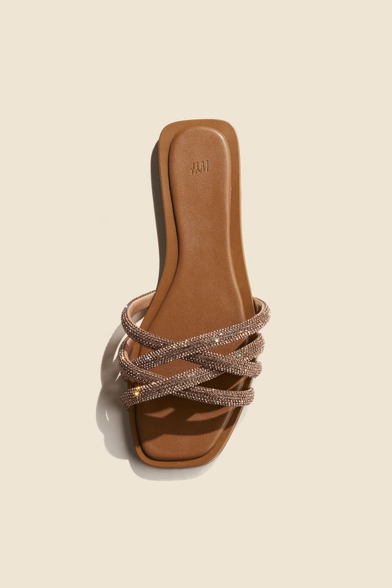 Rhinestone-embellished Sandals - No heel - Bronze-colored - Ladies | H&M US | H&M (US + CA)