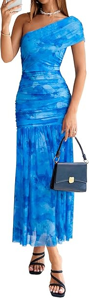Simplee Womens One Shoulder Floral Maxi Dress Summer Sleeveless Ruched Elegant Bodycon Mesh Weddi... | Amazon (US)