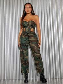 SHEIN SXY Camo Print Zip Back Tube Top & Flap Pocket Pants | SHEIN