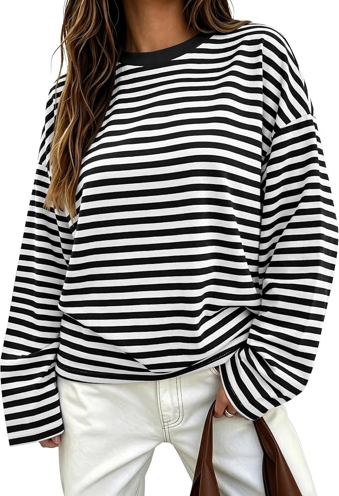 ANRABESS Womens Long Sleeve Shirts Oversized Striped Tops | Amazon (US)