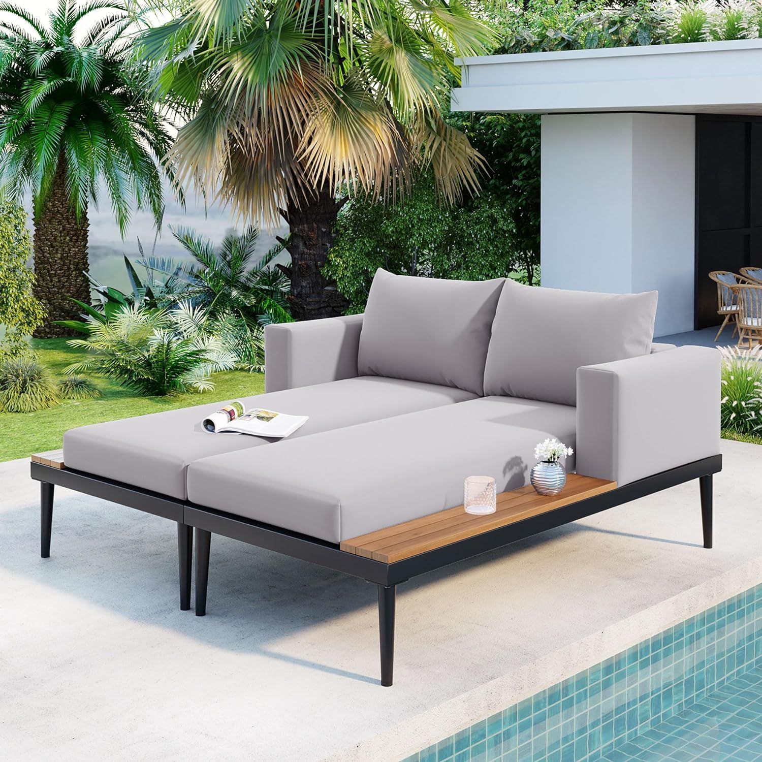Merax Outdoor Patio Daybed with Wood Topped Side Spaces for Drinks, 2 in 1 Padded Chaise Lounges ... | Amazon (US)