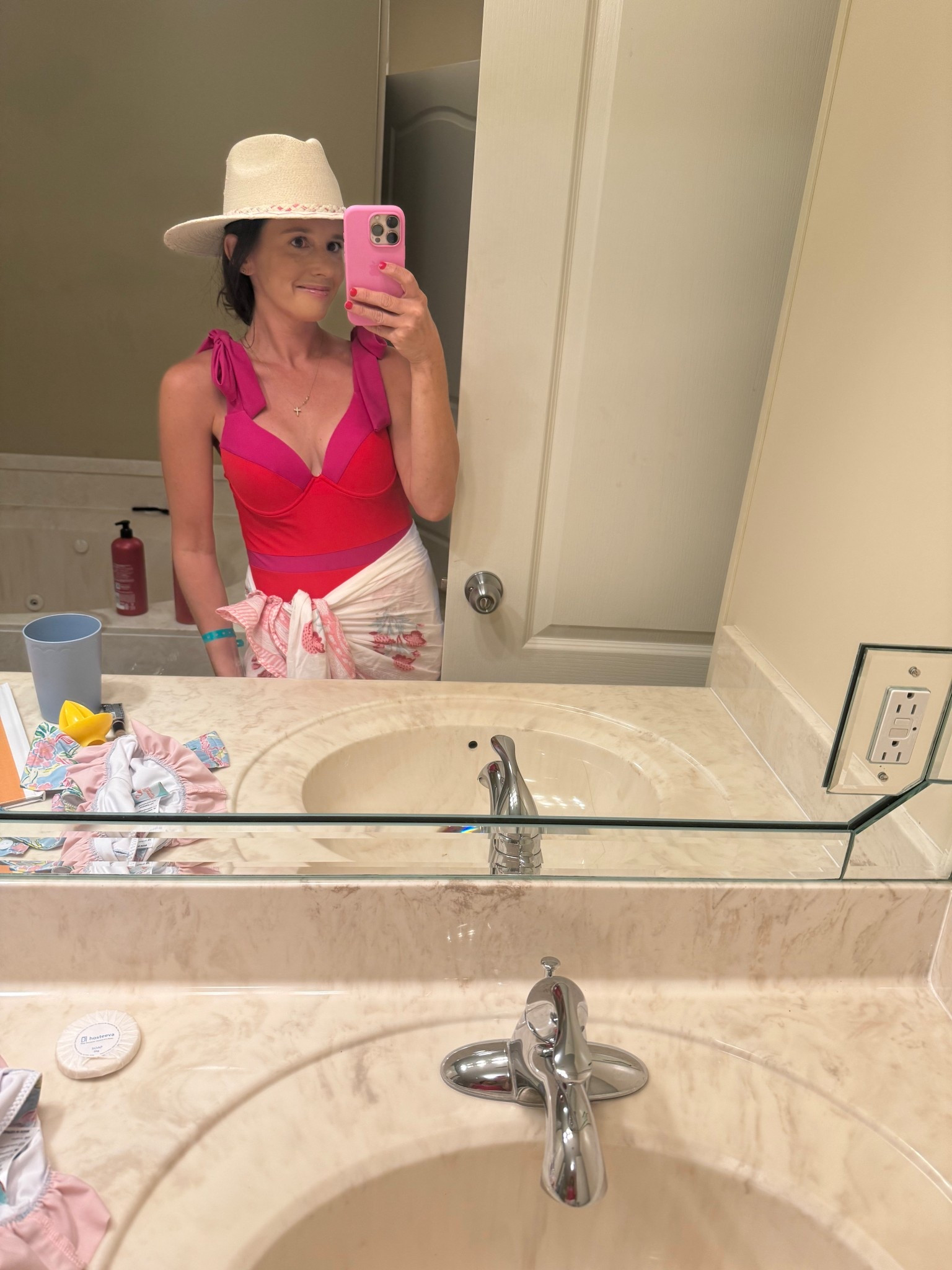 S in bathing suit (perfect one piece & really flattering) fav mom earrings & this hat worth the $$ i wear a M in these hats!!

#LTKTravel #LTKSwim