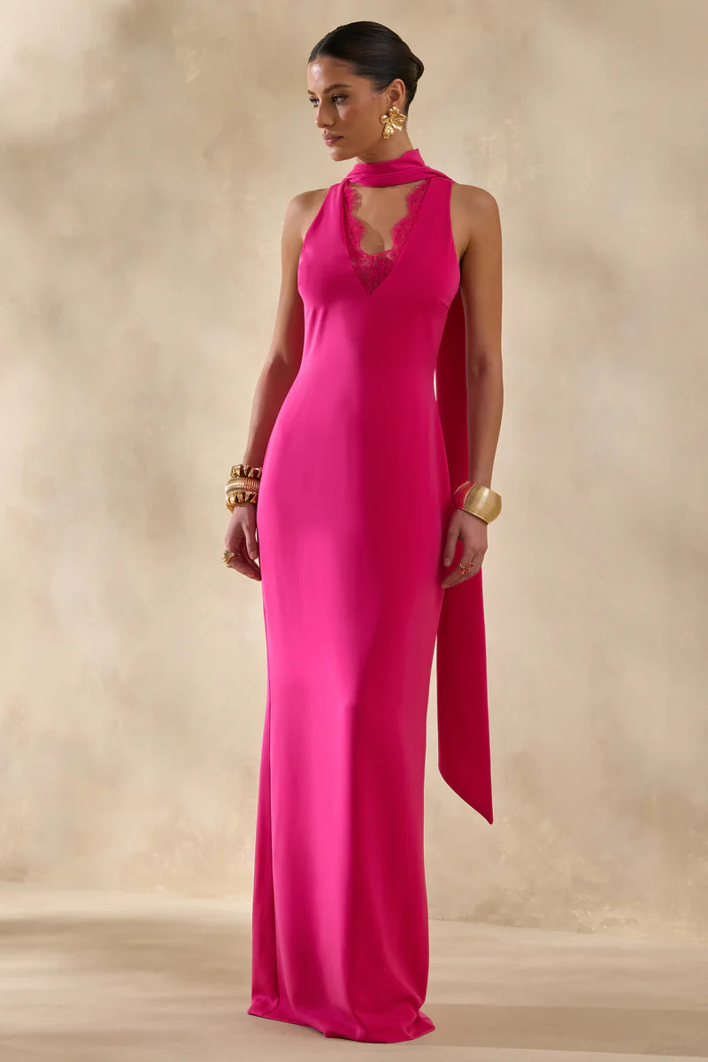 True Icon  Hot Pink Satin High-Neck Maxi Slip Dress With Sash | Club L London