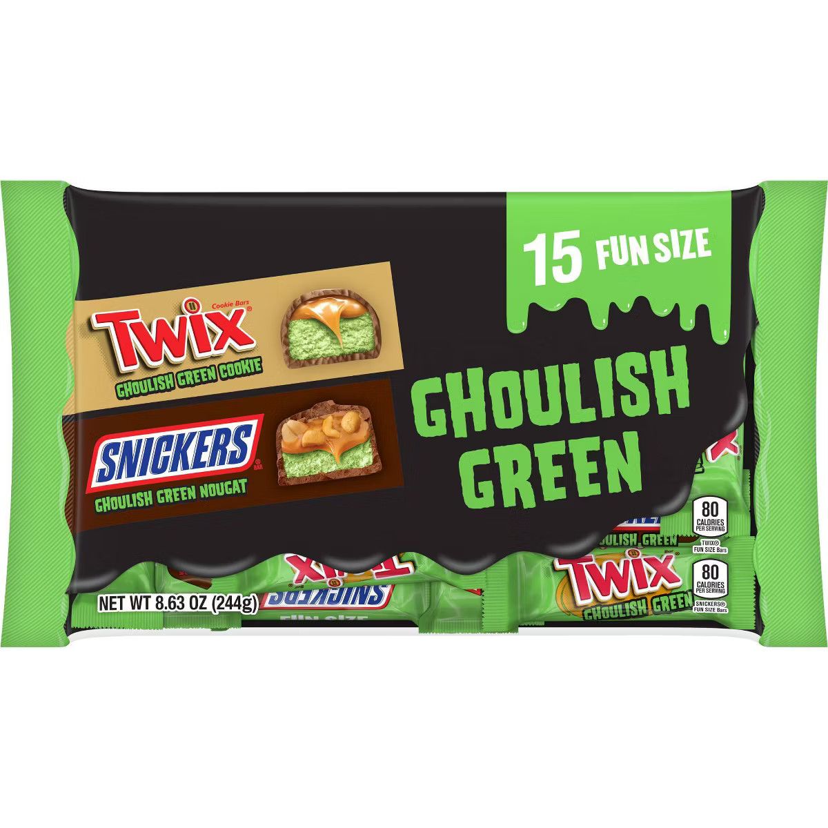 Twix and Snickers Halloween Candy Fun Size Ghoulish Green Chocolate Variety Bag Mix - 8.63oz/15ct | Target
