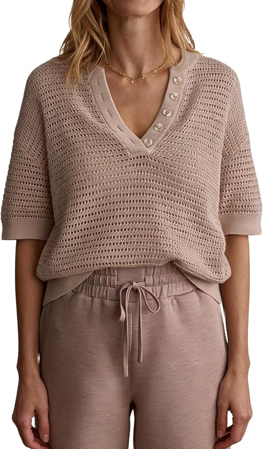 Dqbeng Crochet Tops for Women V Neck Short Sleeve Open Knit Sweater Lightweight Summer Pullover B... | Amazon (US)