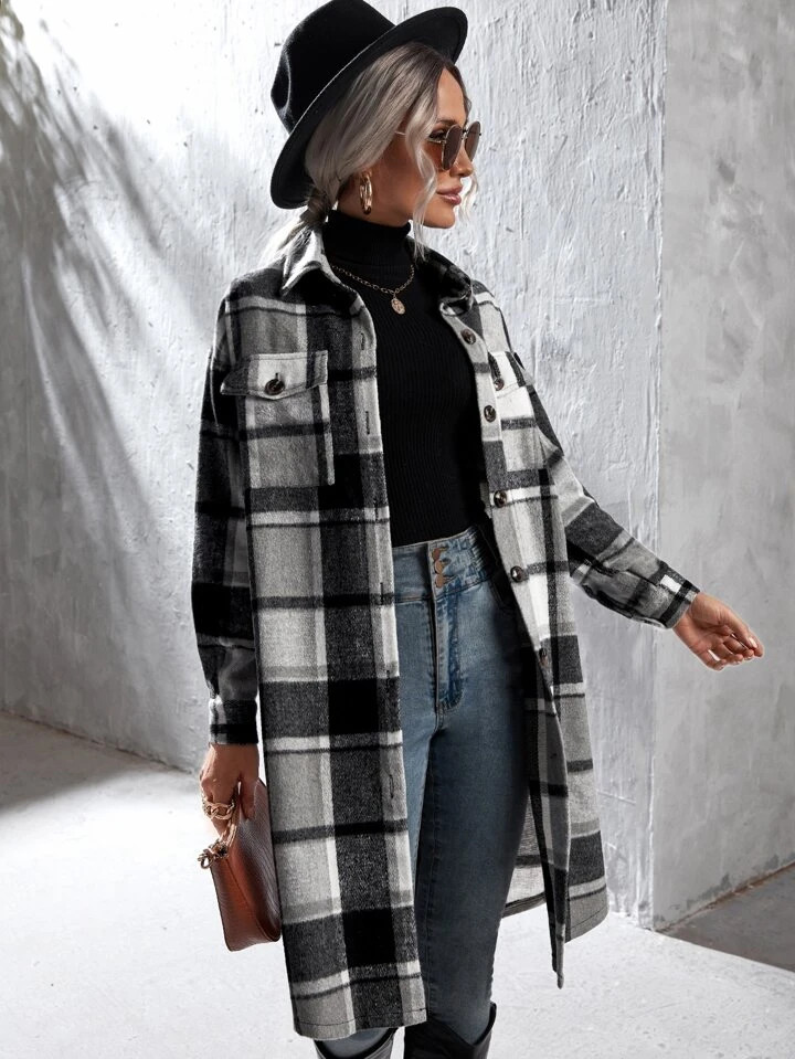 SHEIN LUNE Plaid Flap Pocket Drop Shoulder Coat | SHEIN