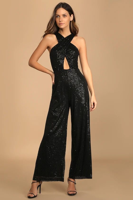 Shining Confidence Black Sequin Cutout Halter Wide-Leg Jumpsuit | Lulus (US)