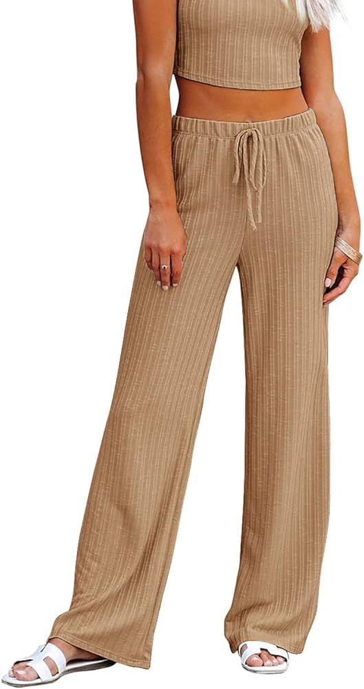KIKIBERRY Women's Palazzo Lounge Pants Casual Cute Knit Stretchy Loose Vintage Comfy Pajamas Pant... | Amazon (US)