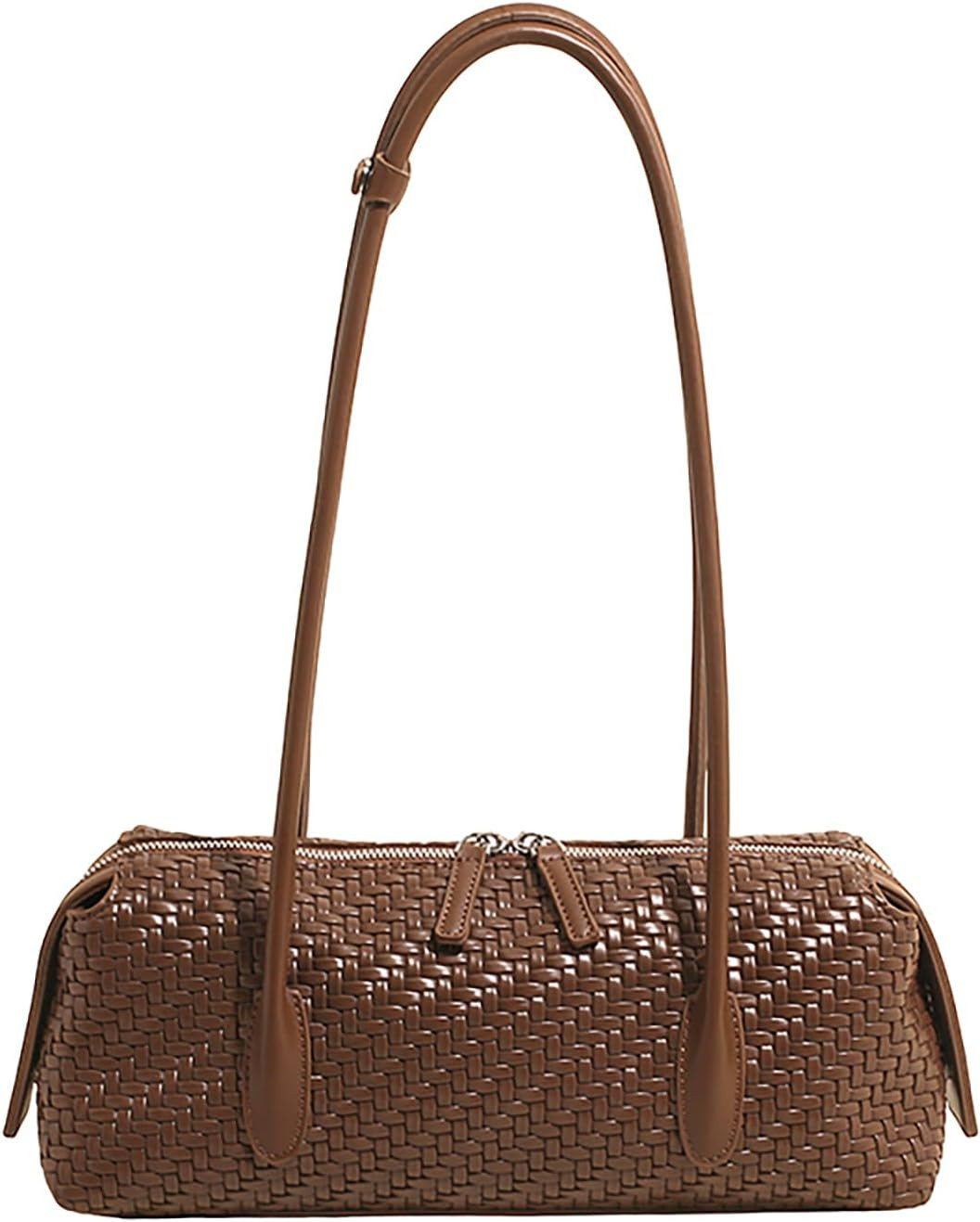 Woven Shoulder Bag for Women Vintage Bowling Purse PU Leather East West Handbag Retro Top Handle Tote for Work Travel | Amazon (US)